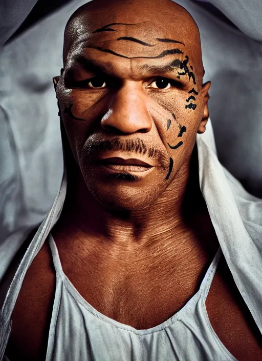 Prompt: mike tyson dressed in arab clothing styled by nick knight posing, photohoot as a doll, set pieces, intricate set, vogue magazine, canon, highly realistic. high resolution. highly detailed. dramatic. 8 k. 4 k.