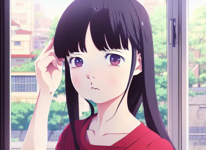 Image similar to anime film still portrait of a young woman looking at her kitchen window, cute face by ilya kuvshinov, yoshinari yoh, makoto shinkai, katsura masakazu, dynamic perspective pose, detailed facial features, kyoani, rounded eyes, crisp and sharp, cel shad, anime poster, ambient light