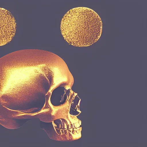Prompt: the gold particles form a human skull on a black background, adobe aftereffects