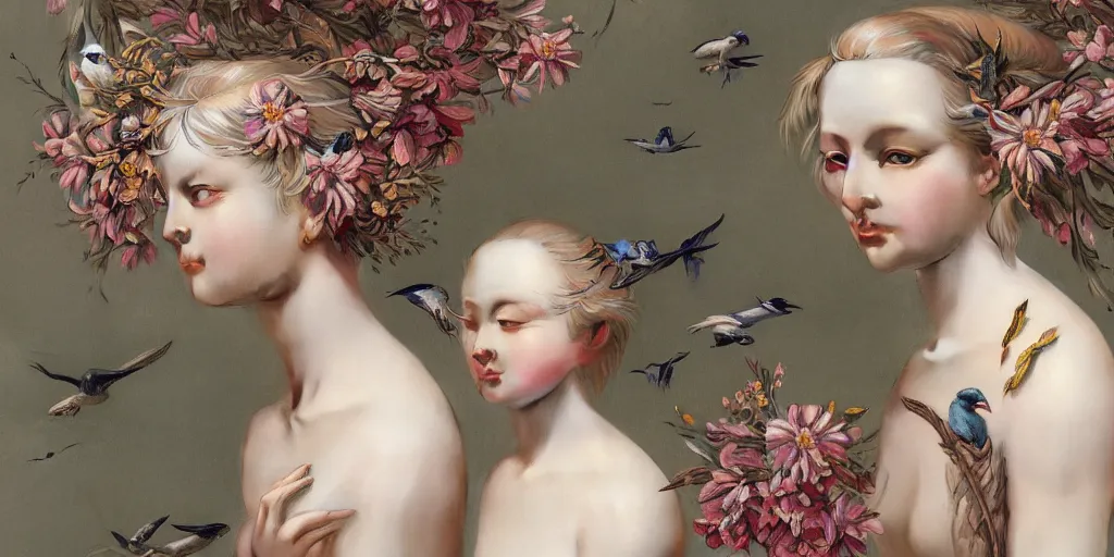 Image similar to breathtaking detailed concept art painting pattern of blonde short hair faces weird girls with anxious piercing eyes and blend of flowers and birds, by hsiao - ron cheng and john james audubon, bizarre compositions, exquisite detail, extremely moody lighting, 8 k