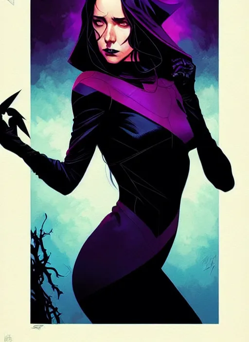 Image similar to Rafael Albuquerque comic cover art, artgerm, Joshua Middleton, pretty Stella Maeve witch doing black magic, serious look, purple dress, symmetrical eyes, symmetrical face, long black hair, full body, dark forest, cool colors