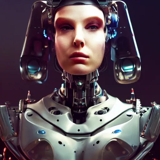 Prompt: masterpiece closeup portrait of a beautiful girl cyborg-armored in a surreal dream landscape, cinematic lighting, Michael Whelan, 8k