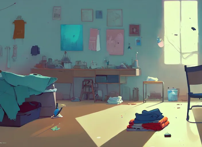 Prompt: an untidy room with laundry on the floor, detailed, by cory loftis, james gilleard, atey ghailan, makoto shinkai, goro fujita, studio ghibli, plain background