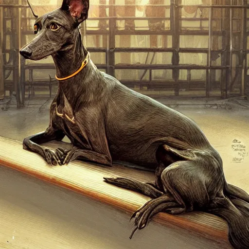 Image similar to an old dark brindle greyhound is sitting on a conveyor belt at the glue factory, d & d, fantasy, intricate, elegant, highly detailed, digital painting, artstation, concept art, matte, sharp focus, illustration, hearthstone, art by artgerm and greg rutkowski and alphonse mucha