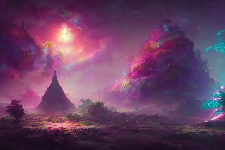 Prompt: a psychedelic realm at the edge of the known universe, astral beings sharing love, in the style of greg rutkowski and wlop and lisa frank and bob ross and ruan jia, illustration, epic, fantasy, hyper detailed, smooth, unreal engine, sharp focus, ray tracing