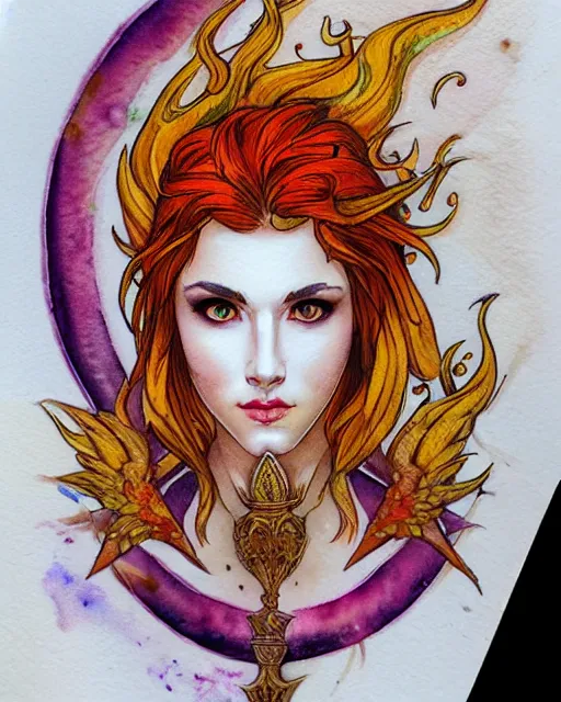 Prompt: Lilith the firehawk portrait, greek baroque style botany watercolor flames, decorative fire bloom tattoos, radiant light, artstation