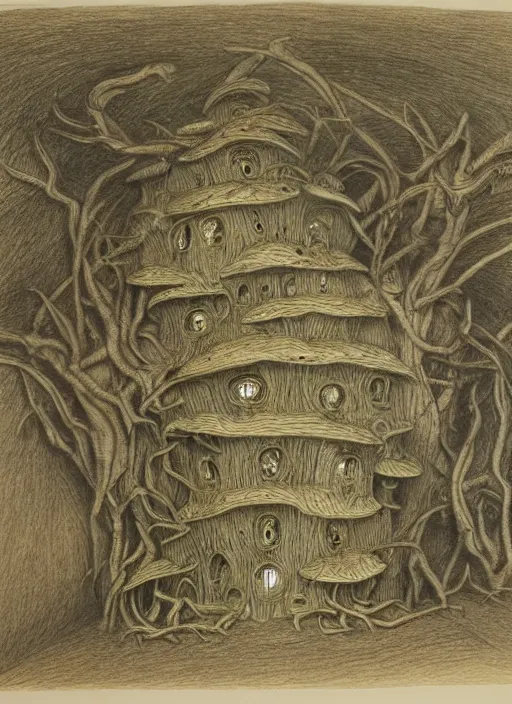 Prompt: a hybrid between a mushroom and a house,, insanely detailed, studio light, gustav dore, colored pencil