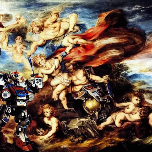 Prompt: peter paul rubens as consequences of wars with mecha gundam invited, random content position, delete duplicate content, photorealistic details content.