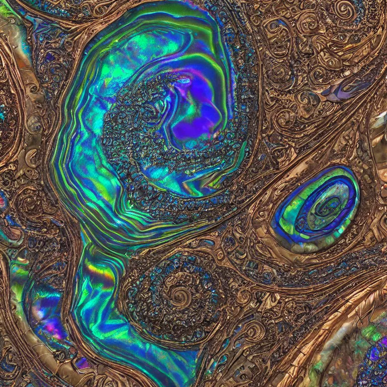 Image similar to Art Nouveau cresting oil slick waves, hyperdetailed bubbles in a shiny iridescent oil slick wave, black opal, abalone, paua shell, ornate copper patina medieval ornament, rococo, oganic rippling spirals, octane render, 8k 3D