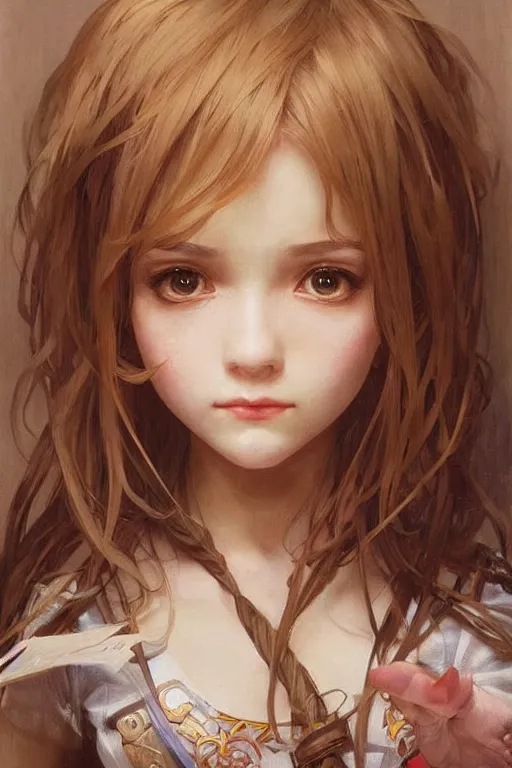 Image similar to a little gamergirl with a mischievous face and short!! light brown straight hair. she is dressed as gamergirl in her room, painting, beautiful detailed face. by artgerm and greg rutkowski and alphonse mucha