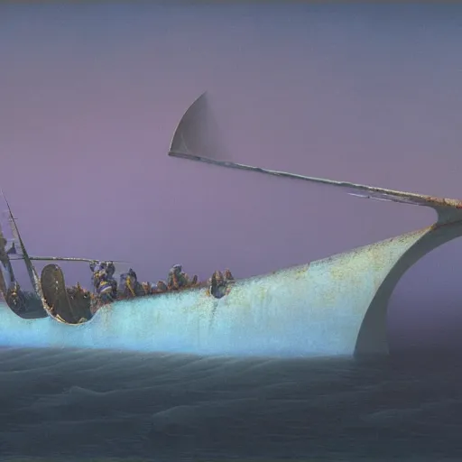 Image similar to an ice gunboat by Zdzisław Beksiński, oil on canvas