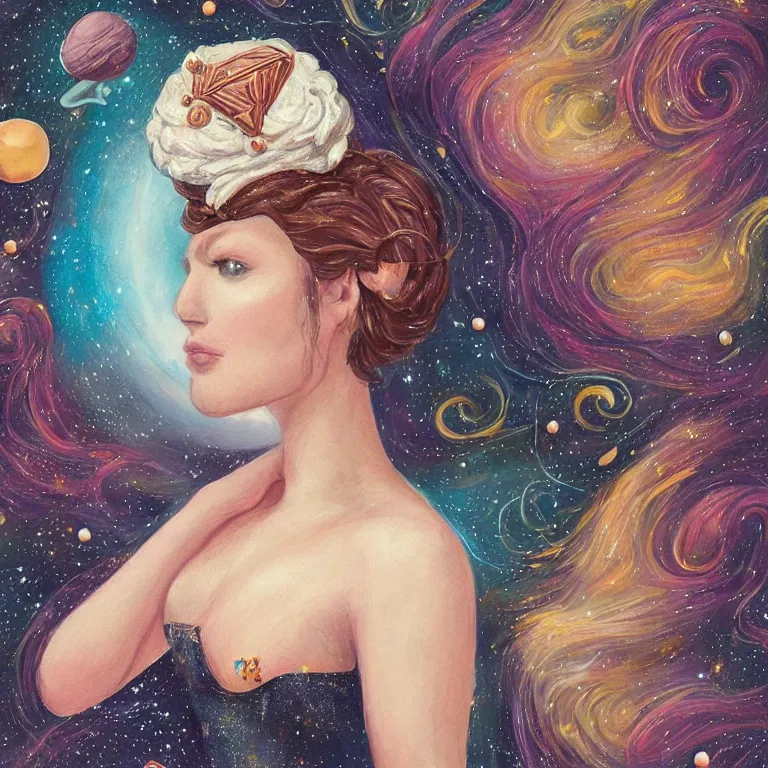 Image similar to a beautiful portrait of a girl on whose head a space and cosmic places like ganache, planets like a whipped frosting or filling made with semisweet chocolate and cream, used for cakes, pastries, and candies, highly detailed, fantasy art