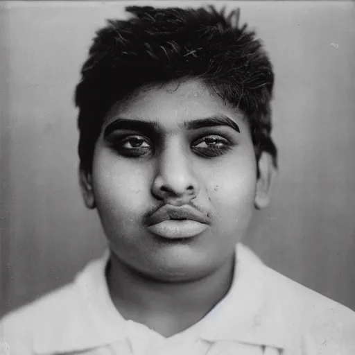 Image similar to close - up portrait photograph of a large teenage indian male with black eyes, a big mouth, chubby facial features, a messy stubble and thin moustache, and short touselled black hair, highly detailed, anatomically correct features,