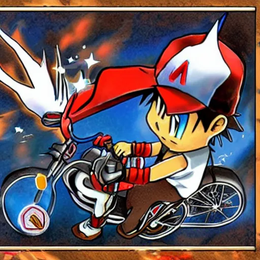 Image similar to ash ketchum playing magic the gathering on a motorcycle, digital art