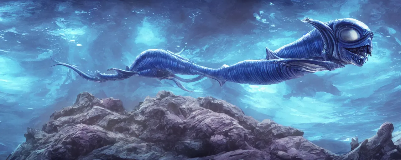 Prompt: Alien-like fish swimming underwater on the ocean bed on an alien world, deep blue water color, cinematic perspective, matte painting, Artstation, H 768