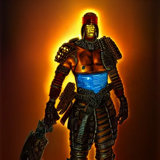 Image similar to Cyberpunk Warrior God ready for war, atmospheric lighting, painted, intricate, golden hour, ultra detailed by Rob liefeld