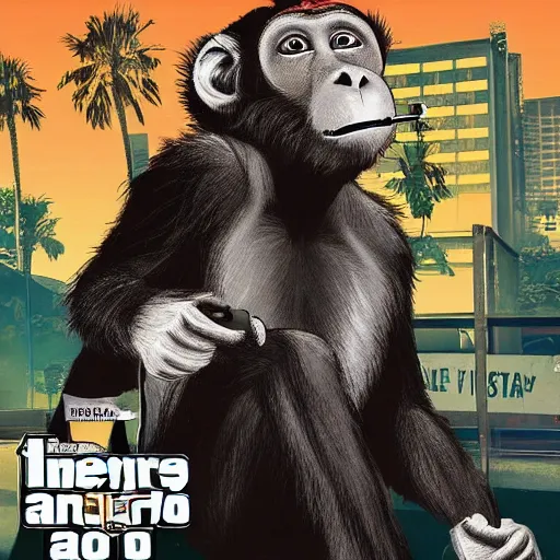 Image similar to monkey in a suit smoking weed in GTAV, cover art by Stephen Bliss, boxart, loading screen