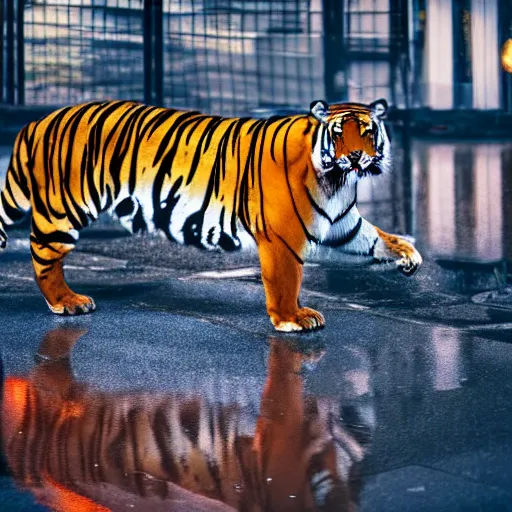 Image similar to a high quality low wide angle photo of a tiger on the streets of a cyberpunk city, rainy, reflective ground, neon lights, realism, 8k