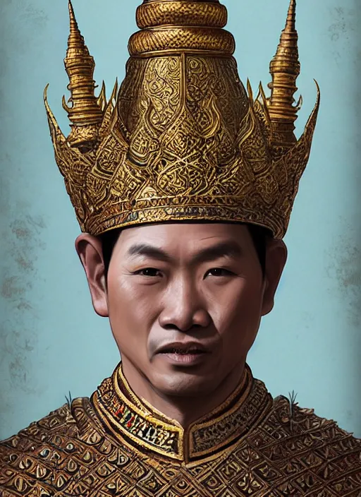 Image similar to king ramkhaheang of sukhothai, close portrait, historical, ethnic group, traditional tai costume, sukhothai headset, leather shoulder armor, fantasy, intricate, with leather armor cross onbare chest, elegant, loin cloth, highly detailed, oill painting, artstation, concept art, matte, sharp focus, illustration, hearthstone, art by earl norem