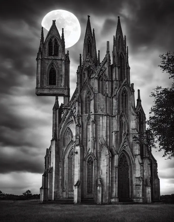 Prompt: A gothic church lit by the full moon, ultra realistic, epic lighting,epic clouds, cinematographic, 8K , award winning