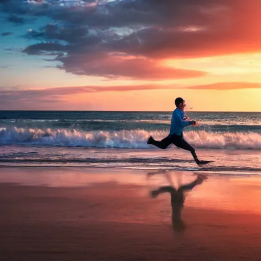 Image similar to Walter White running on the beach, artistic, 8k, cinematic, accurate, symetric, face, dramatic lighting, pastel colours