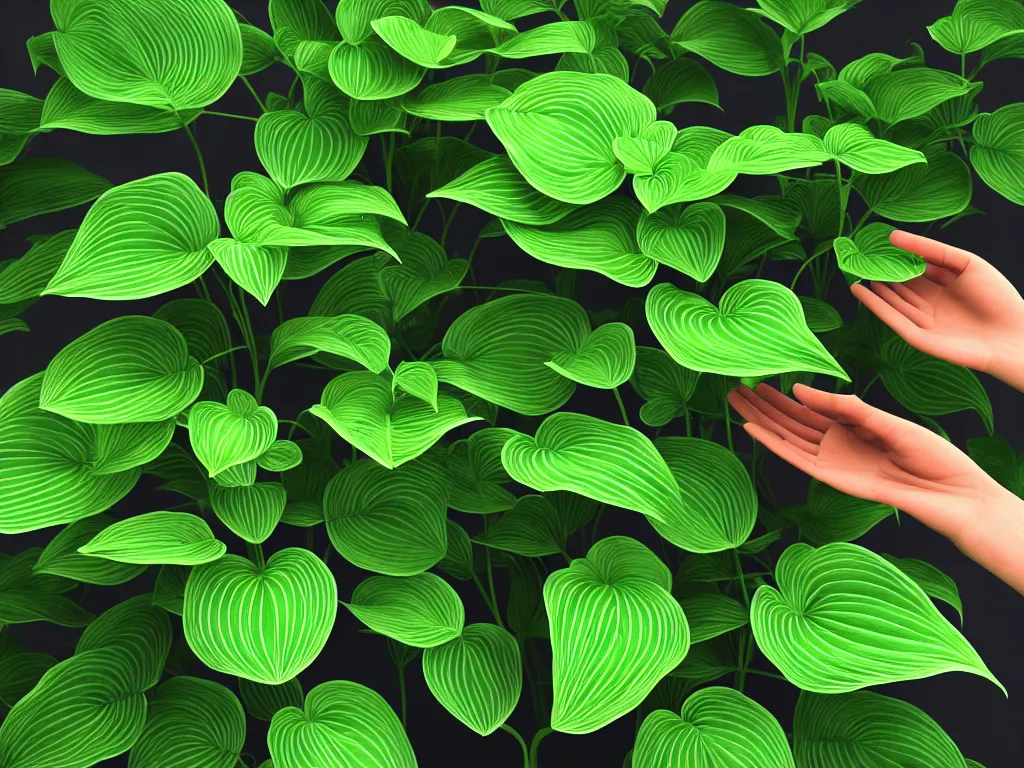 Image similar to 3 d render of a human hand reaching towards abundant flowering hosta plants!!!, 3 d geometric neon shapes, rule of thirds, clean linework, dramatic, award winning, 4 k, trending on artstation, photorealistic, volumetric lighting, octane render