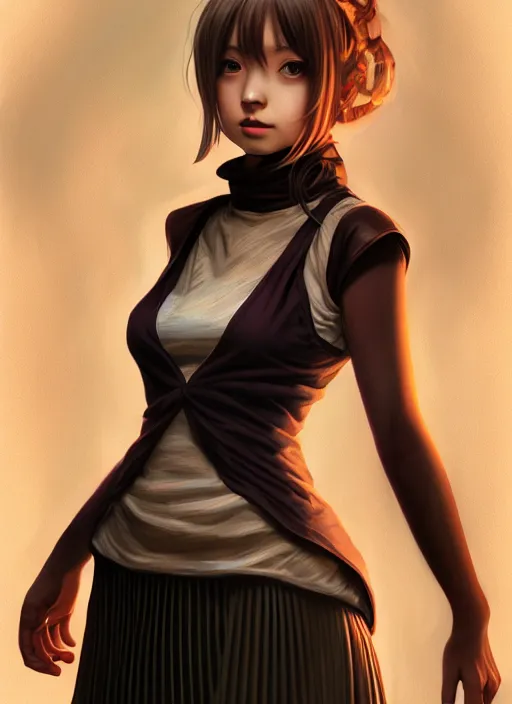 Image similar to portrait of a full body of beautiful young female detective, d & d, sleeveless turtleneck, pleated skirt, fantasy, flat lighting, intricate, highly detailed, digital painting, artstation, concept art, smooth, sharp focus, illustration, misa amane, art by simon bisley and greg rutkowski and alphonse mucha, natural tpose