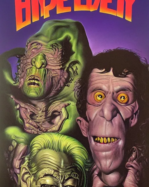 Image similar to movie poster for ( 1 9 8 9 ) ( hyperreal detailed facial features and uv lighting, art by ed roth, frank frazetta, glenn fabry and basil wolverton, purple accents directed by david cronenberg )