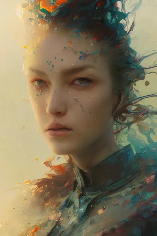 Image similar to face closeup of beautiful girl in intricate detailed color smashing fluid oilpaint, 3 d render, hyper realistic detailed portrait, color leaves, ruan jia, wlop. scifi, fantasy, hyper detailed, octane render, concept art, by peter mohrbacher, by wlop, by ruan jia