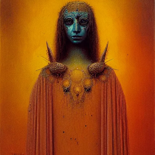 Image similar to portrait of ethereal young crow princess in golden armour by Beksinski