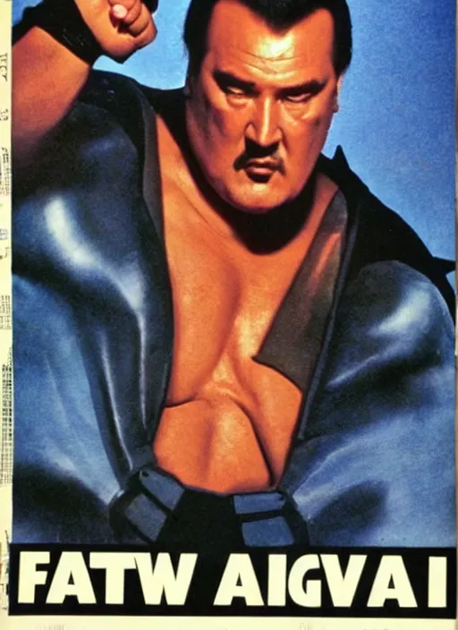 Prompt: an 8 0's john alvin action movie poster starring steven seagal face as a fat bat man superhero the movie is called fat batman