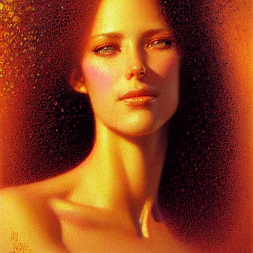 Prompt: Facial portrait of a cute shy woman, looking away from the camera, seductive smile, sparkle in eyes, lips slightly parted, long flowing hair, no hands visible, intricate, extremely detailed painting by Jean Delville and by Greg Rutkowski and by Moebius, golden hour