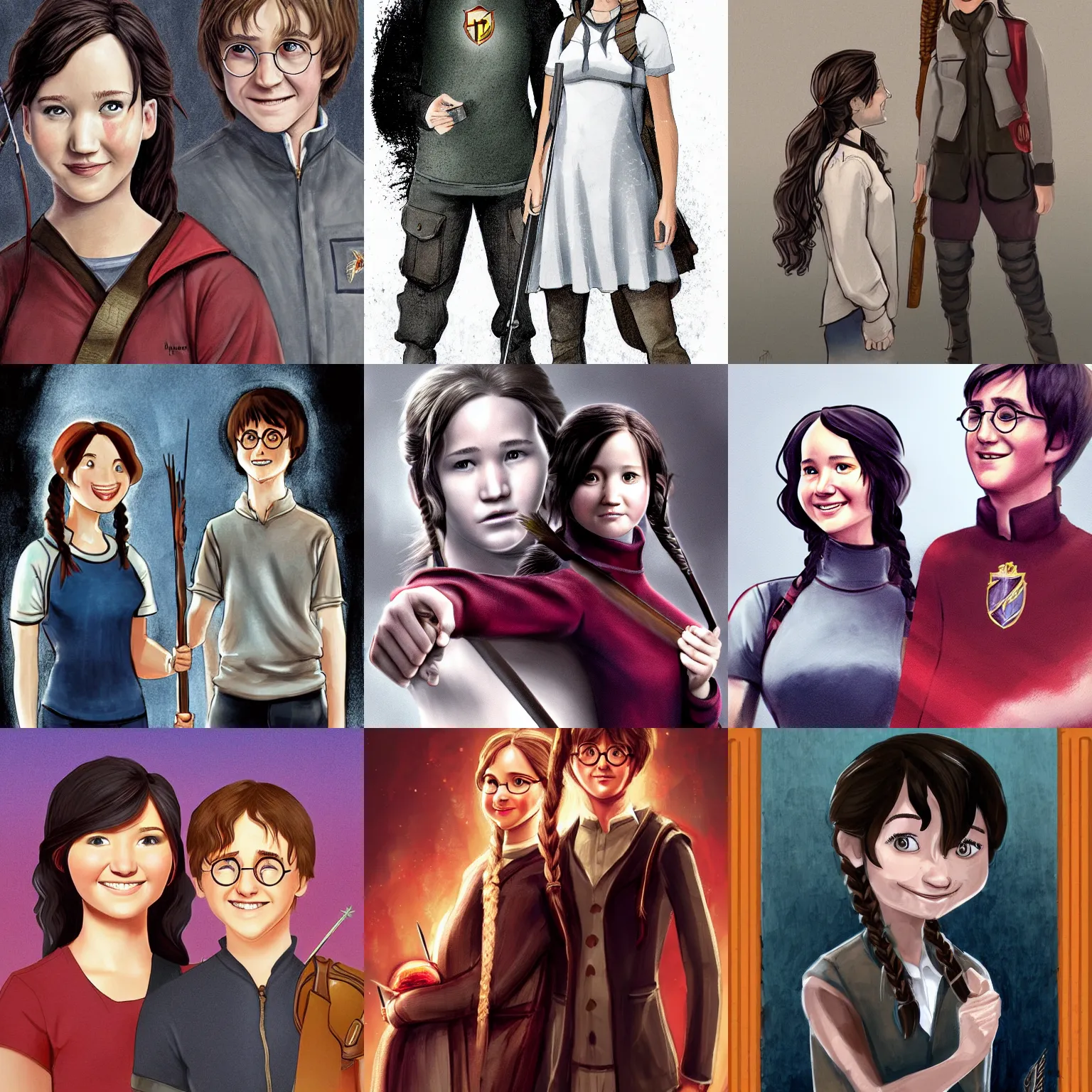 Prompt: Katniss Everdeen standing next to Harry Potter (Harry Potter and the Philosopher's Stone, 2001), both smiling for the camera, digital art by Grey Rutkowski