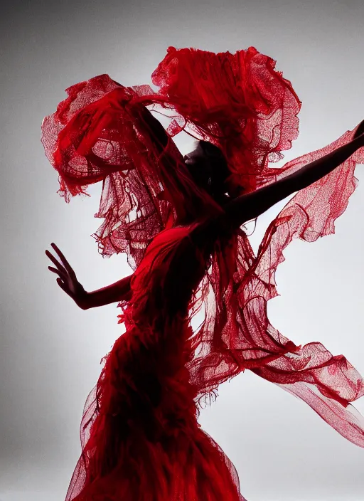 Image similar to a Photorealistic dramatic hyperrealistic render of a glamorous beautiful Mexican Catrina smoke dancer wearing red by Ken Brower and Deborah Ory of NYC Dance project,Lois Greenfield,Flowing cloth and smoke,Beautiful dynamic dramatic dark moody lighting,volumetric,shadows,cinematic atmosphere,Octane render,8K