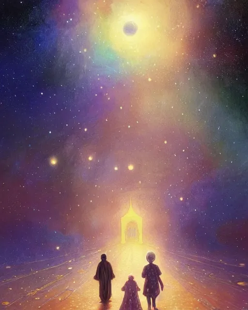 Image similar to bedouin man and woman and child in galaxy walking towards mosque surrounded by nebula, highly detailed, gold filigree, romantic storybook fantasy, soft cinematic lighting, award, disney concept art watercolor illustration by mandy jurgens and alphonse mucha and alena aenami, pastel color palette, featured on artstation