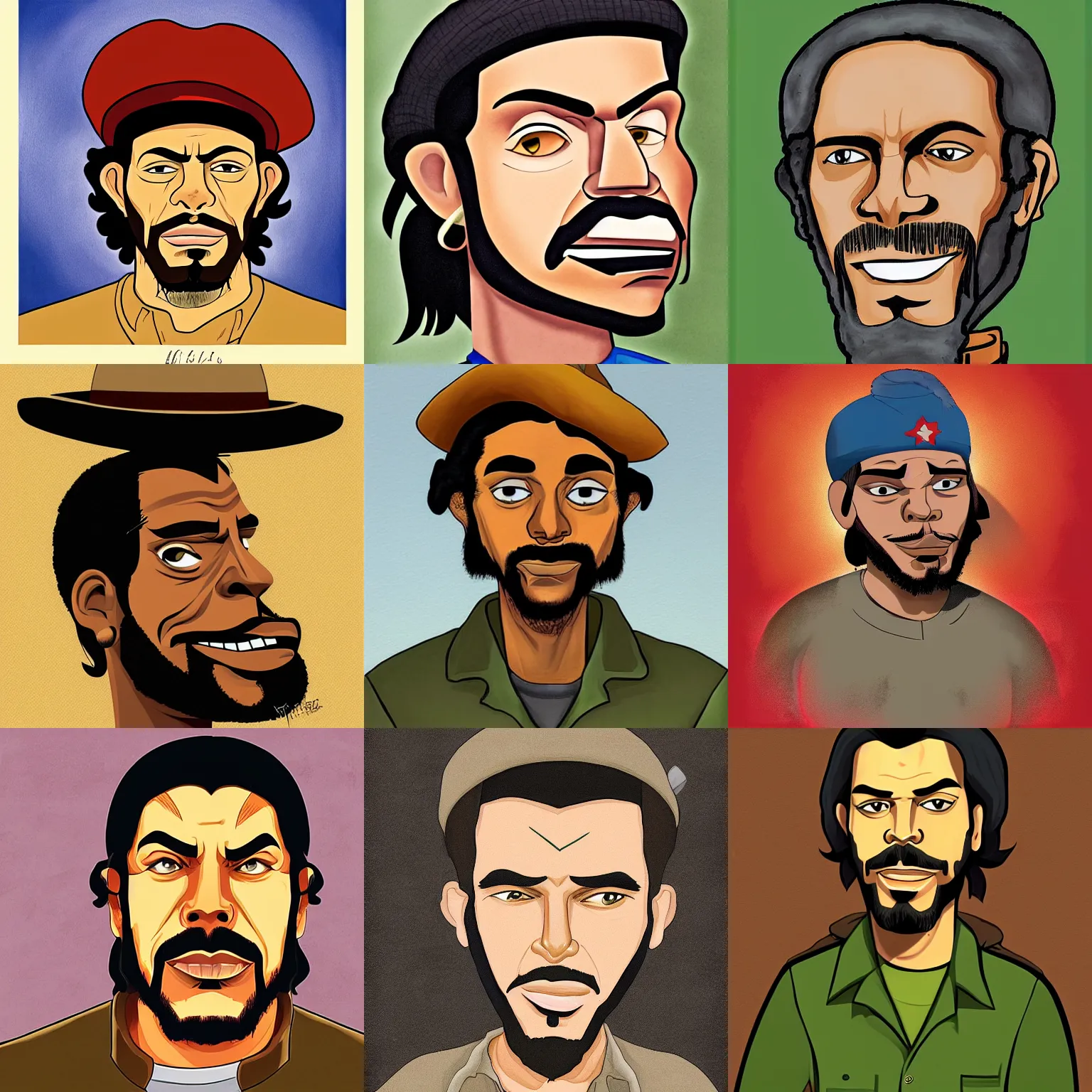 Prompt: Portrait of che guavera, painted by Aaron McGruder