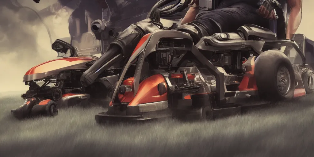 Prompt: Vin Diesel racing on a lawnmower, hyperdetailed, artstation, cgsociety, 8k