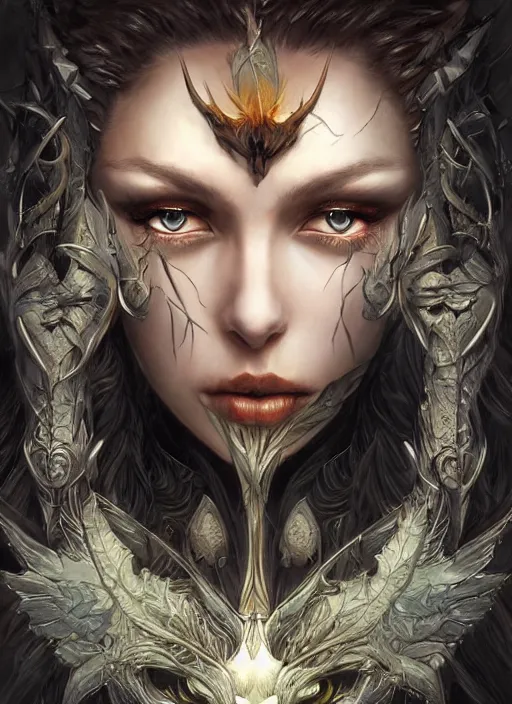 Prompt: a highly detailed symmetrical painting of a female fantasy ranger with piercing beautiful eyes in dark dead forest setting, trending on artstation, art by artgerm and karol bak and mark brooks