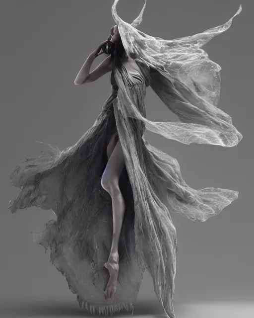 Prompt: professional concept art ethereal ghostlike valkyrie figure fluid simulation in houdini dancing in dark smoke robes and silk veils by ilm, paolo roversi, nick knight, amy judd, beautiful simplified form distorted by turbulent movement, dark studio background, vivid, romantic, trending on artstation, hyperrealism, matte painting, dutch golden age, fine detail, cgsociety