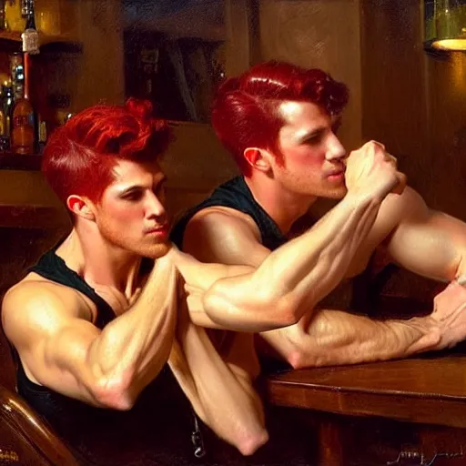 Image similar to attractive muscular male with red hair and muscular attractive male with black hair, drinking their hearts out, in a pub. very defined and highly detailed painting by j. c. leyendecker, gaston bussiere, craig mullins 8 k