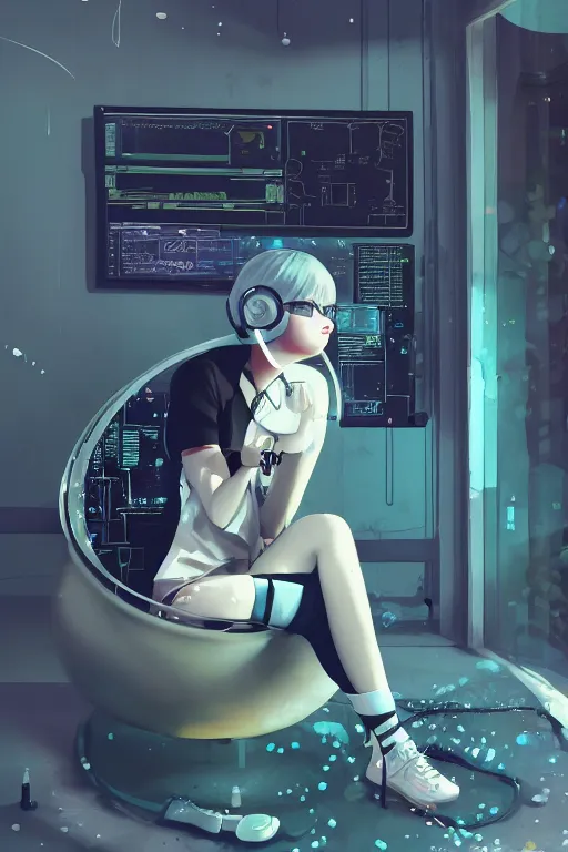 Image similar to a cute young woman listening to music in a bubble chair with her eyes closed and wearing headphones, white bob cut hair, freckles, cyberpunk setting, vivid colors, soft lighting, cinematic, moody, nier automata, poster, oil on canvas, in the style of Ilya Kuvshinov, 8k