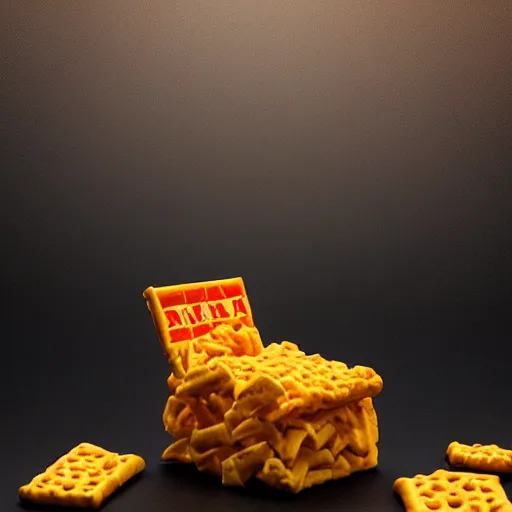 Prompt: A realistic looking man made of Cheez-Its, award winning photo, studio lighting, 8K