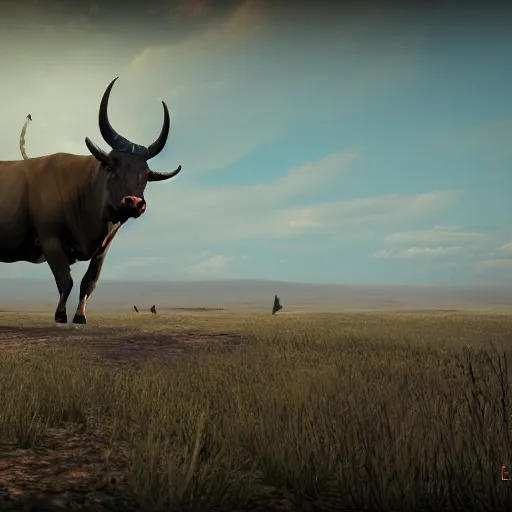 Prompt: screenshot of a bull with long horns in the steppe from Pathologic 2