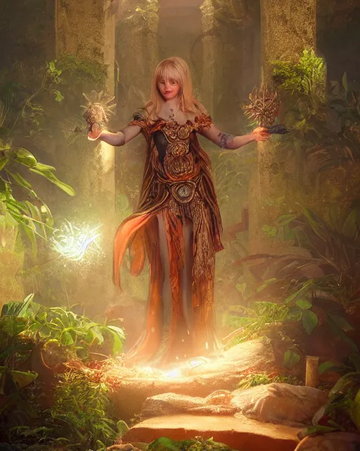 Image similar to Beautiful art portrait of Melissa Rauch as a fantasy priestess in a bright temple surrounded by lush forest, atmospheric lighting, intricate detail, cgsociety, hyperrealistic, octane render, RPG portrait, ambient light, dynamic lighting