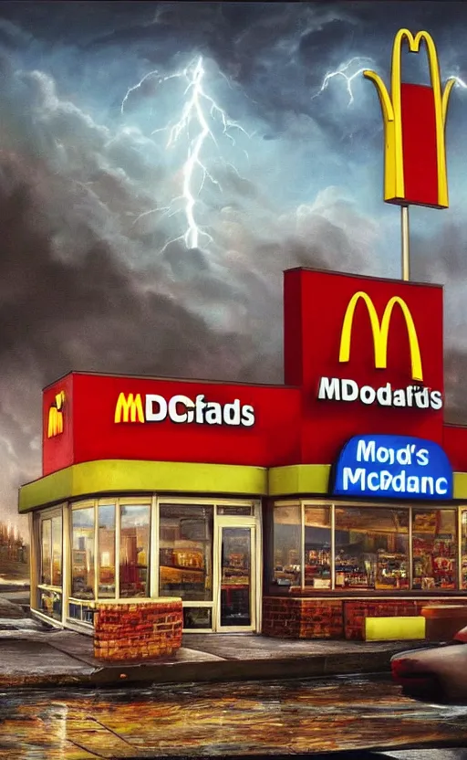 Prompt: beautiful epic painting of a uk mcdonalds in an apocalypse. thunder, lightning, fantasy art, hd, ultrawide angle,, hq. very detailed.