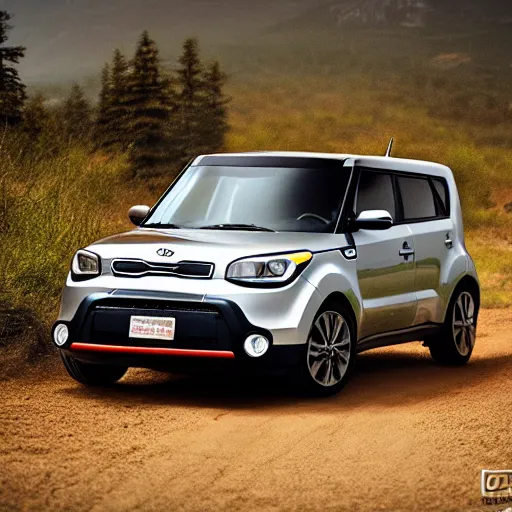 Image similar to Kia Soul, Professional Photography, Skyrim, Off-roading, Mountain landscape, dirt, road, cinematic color, photorealistic, highly detailed wheels, highly detailed