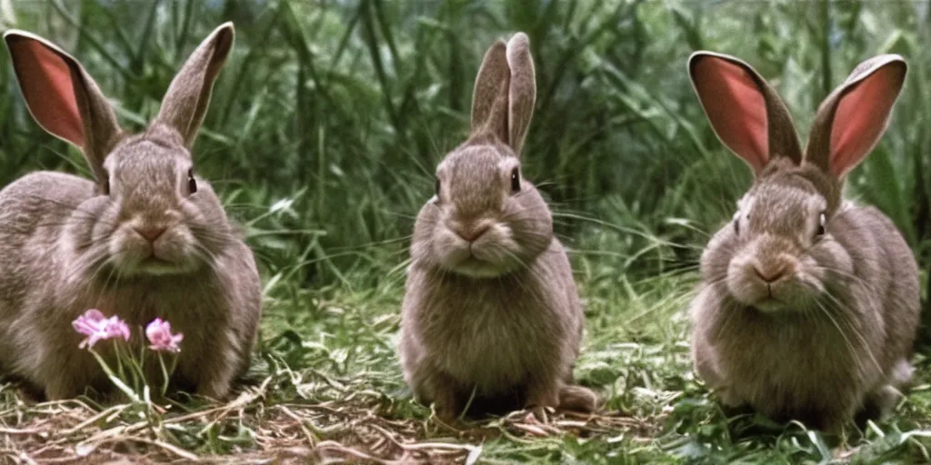 Prompt: a rabbit in the movie stand by me screenshot