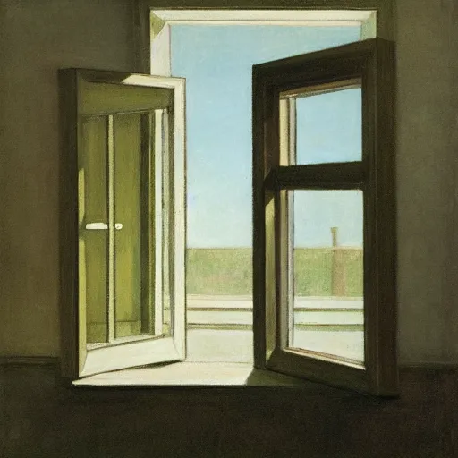 Image similar to Liminal interior seen through an exterior window, in the style of Edward Hopper and Vilhelm Hammershøi and Albert Bierstadt