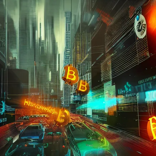 Image similar to people running away scared from bitcoin city, bitcoin evil, cyberpunk art ultrarealistic 8k