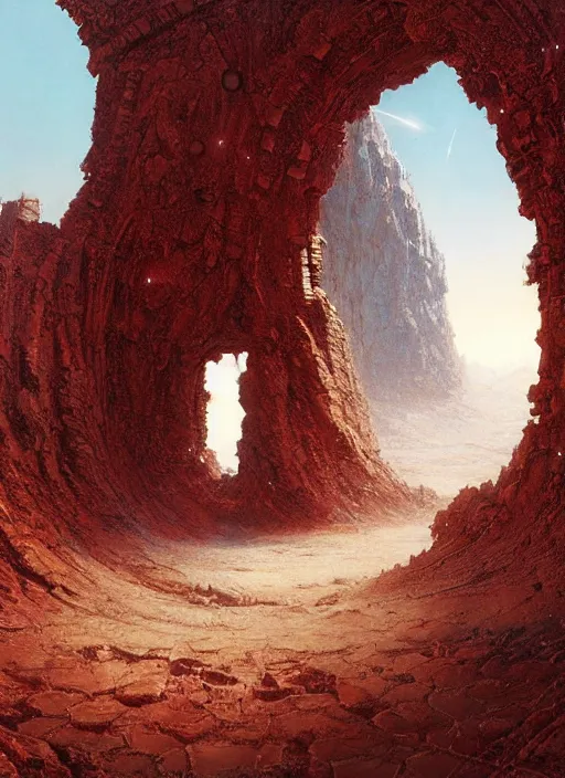 Image similar to ancient singular portal into godhood on a barren hellish exoplanet, philosophical concept illustrated by James Gurney and Zdislaw Beksinski and Dariusz Zawadski and Greg Rutkowski